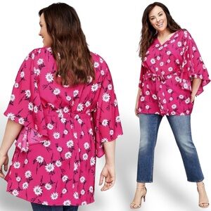 LANE BRYANT Tunic 18-20 Tie Front Kimono Top Pink Floral Print Flowy Bell Sleeve